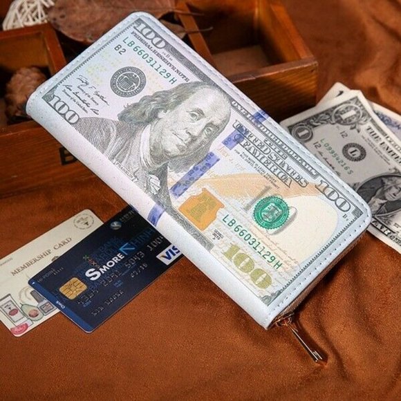 Women's Fashion $100 Dollar Printed Zip Around Wallet Organizer Faux Lea… - Picture 3 of 3